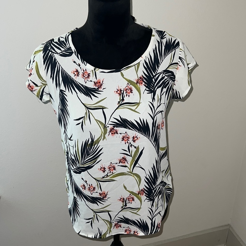 Ann Taylor cap sleeve palm floral print round collar top blouse Sz XSP